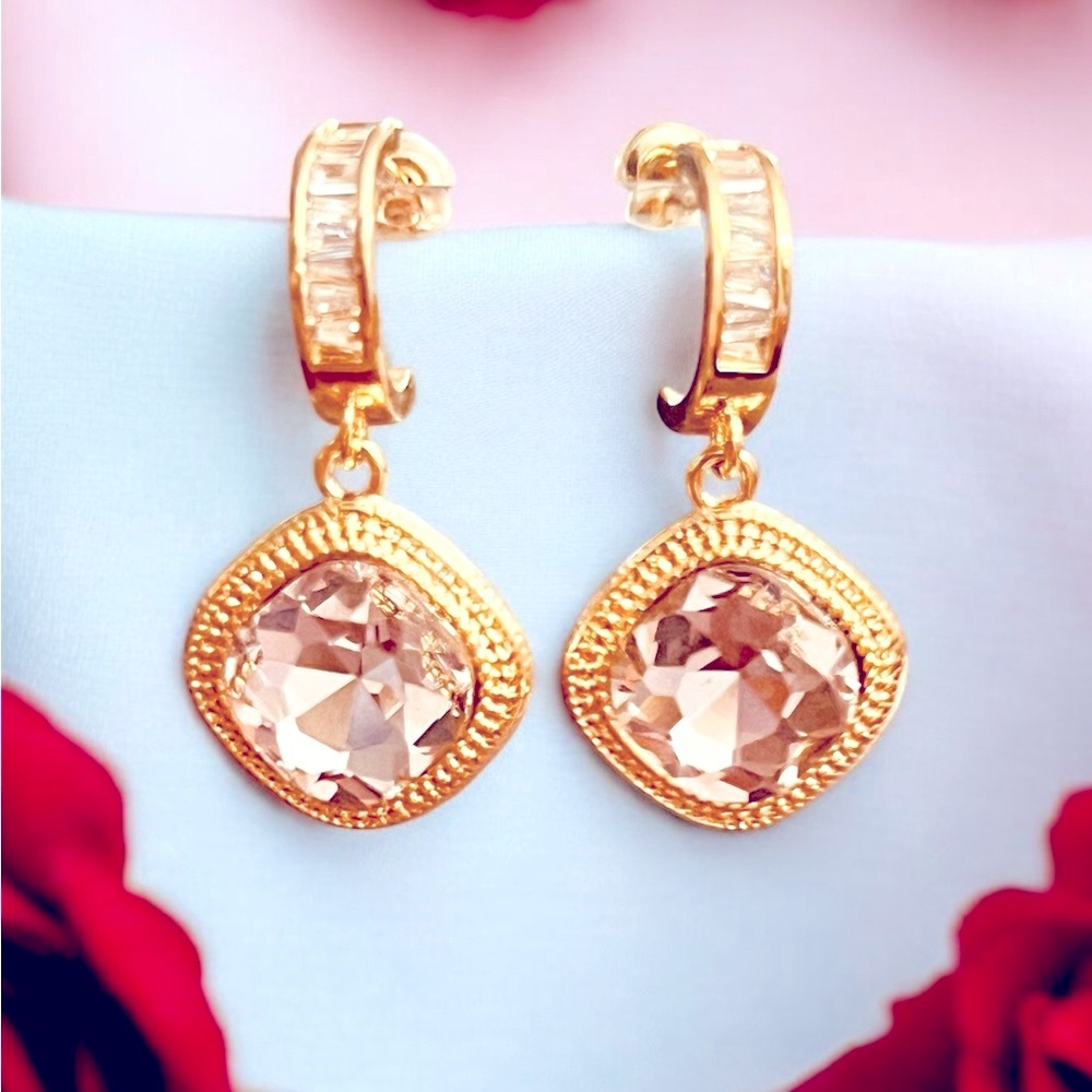 Elegant Gold-Tone Drop Earrings with White/Pink Cubic Zirconias
